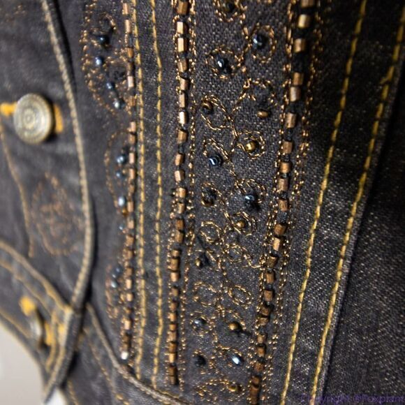 Laura Ashley brown beaded embroidered button up jean jacket, size M - Picture 11 of 16